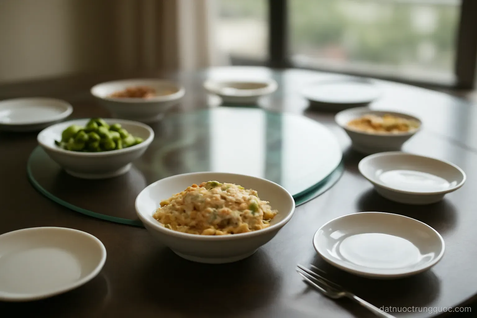A round table with a rotating glass center and several ceramic dishes arranged on it