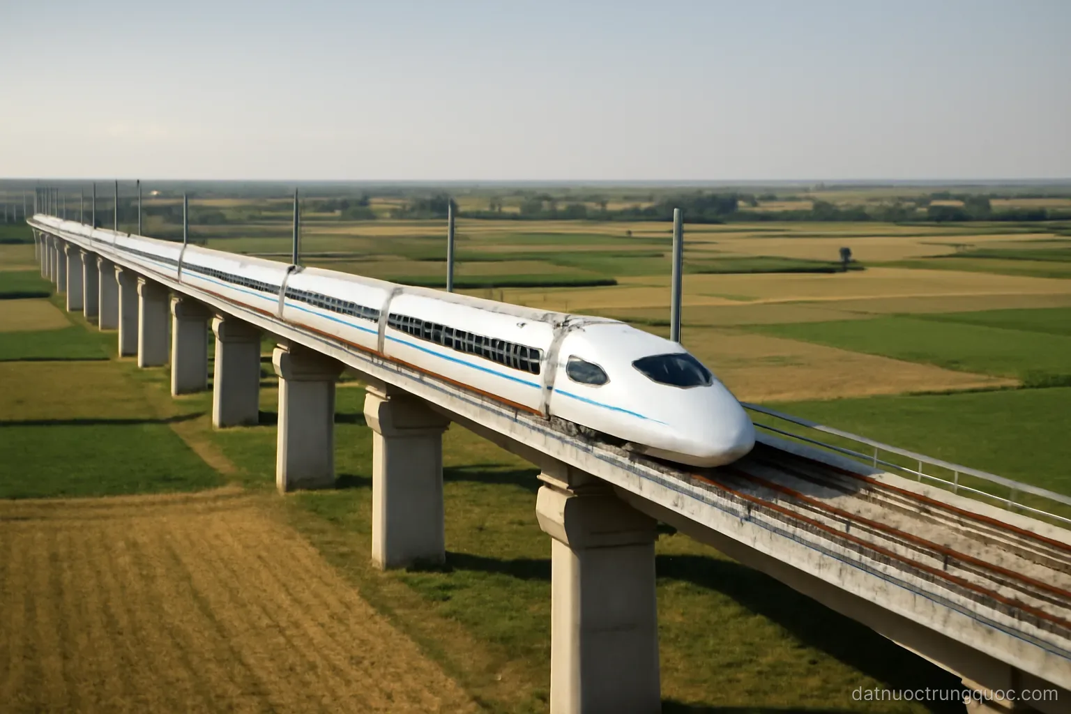 A high-speed rail line crossing an agricultural plain with a long bridge, clear daylight