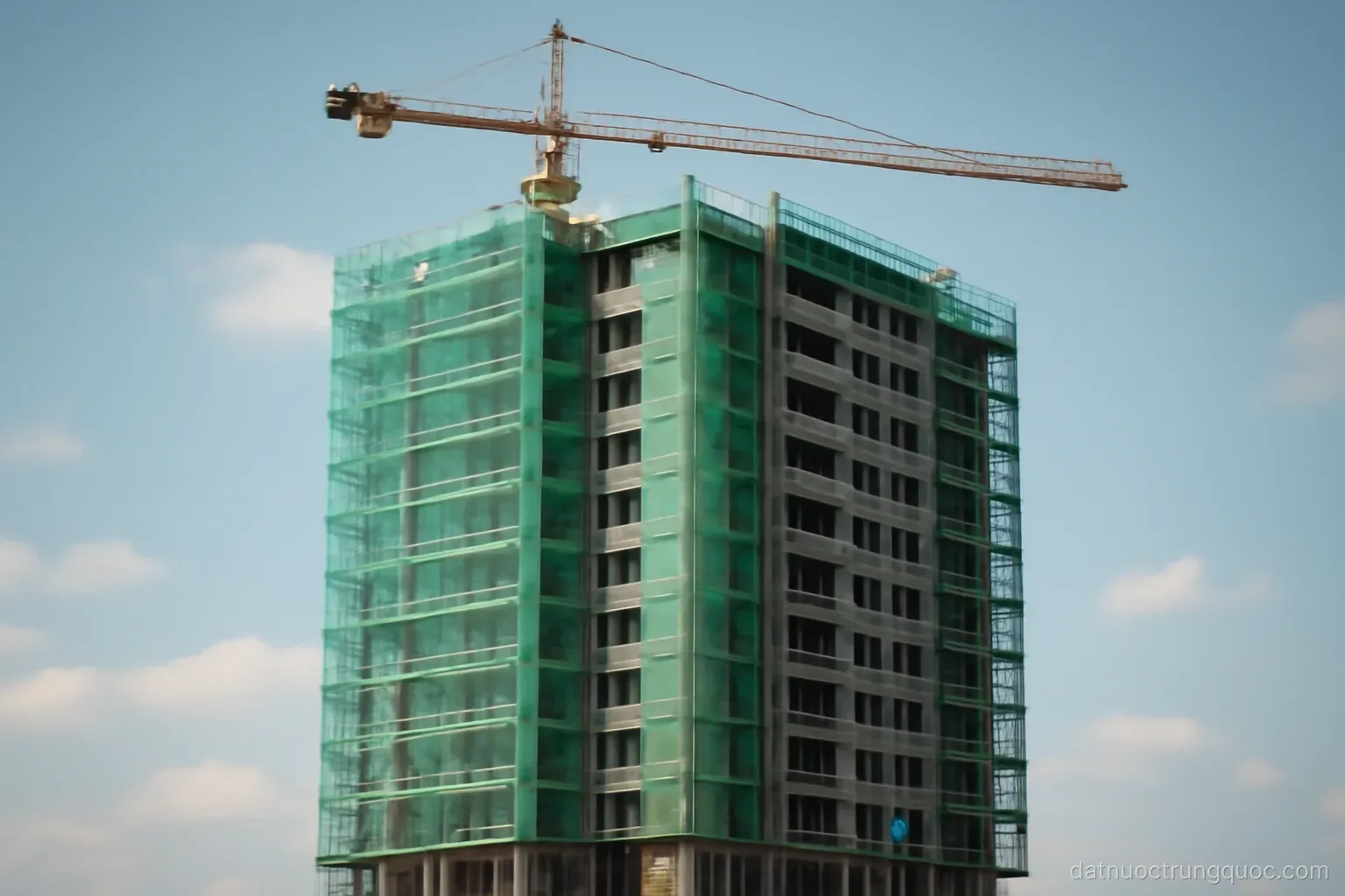 A residential tower block under construction with green safety netting, crane above, daylight