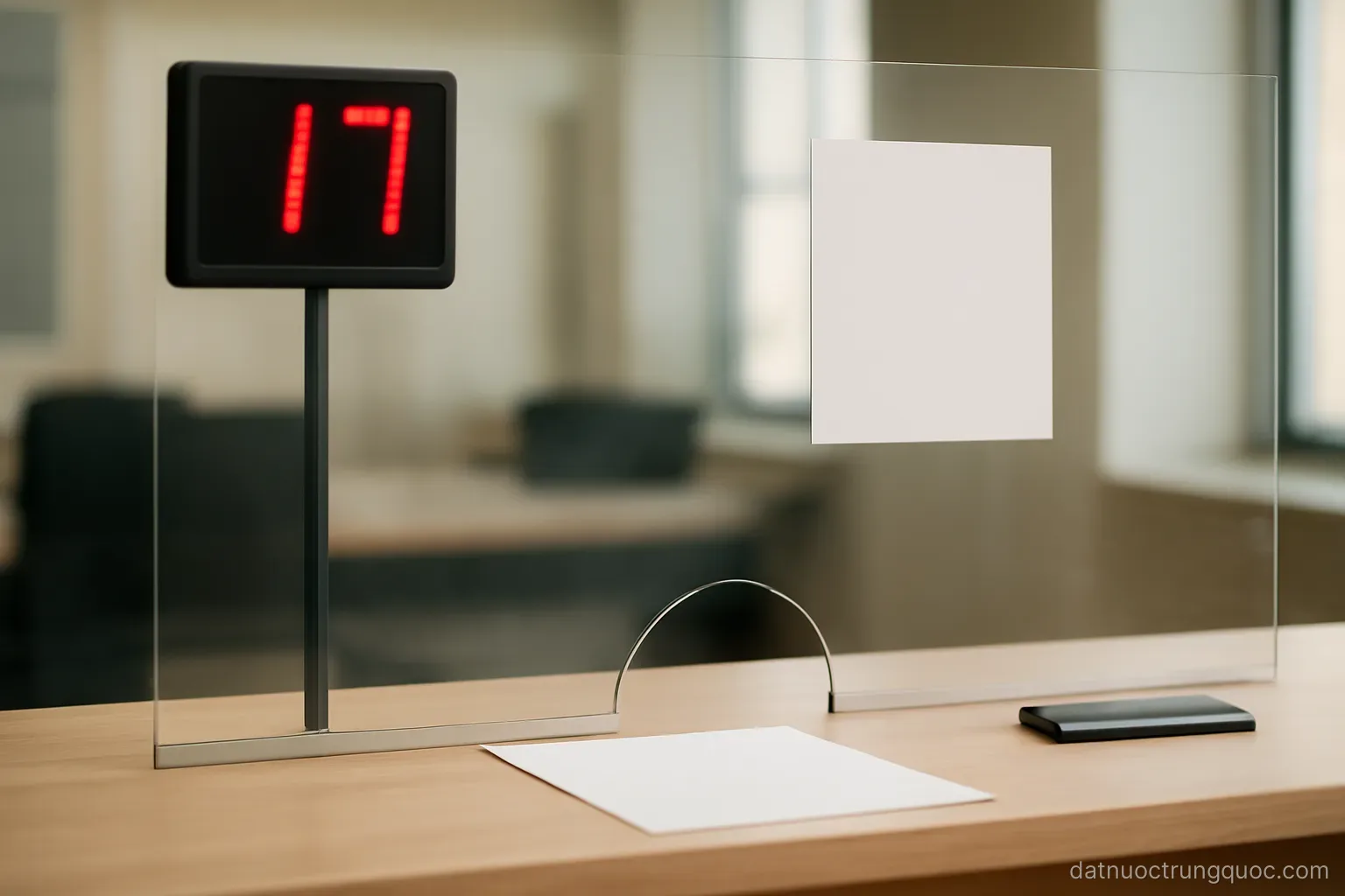 A visa application counter with a numbered ticket display and glass partition, indoor lighting