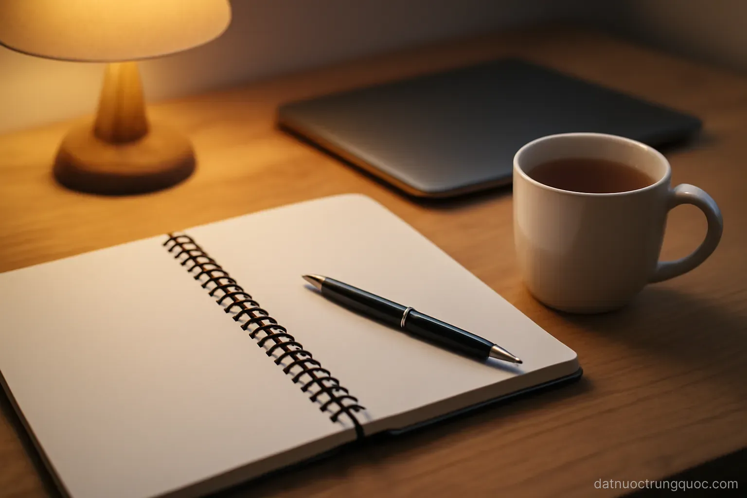 A desk with a notebook, a pen and a cup of tea beside a closed laptop, warm lamp light