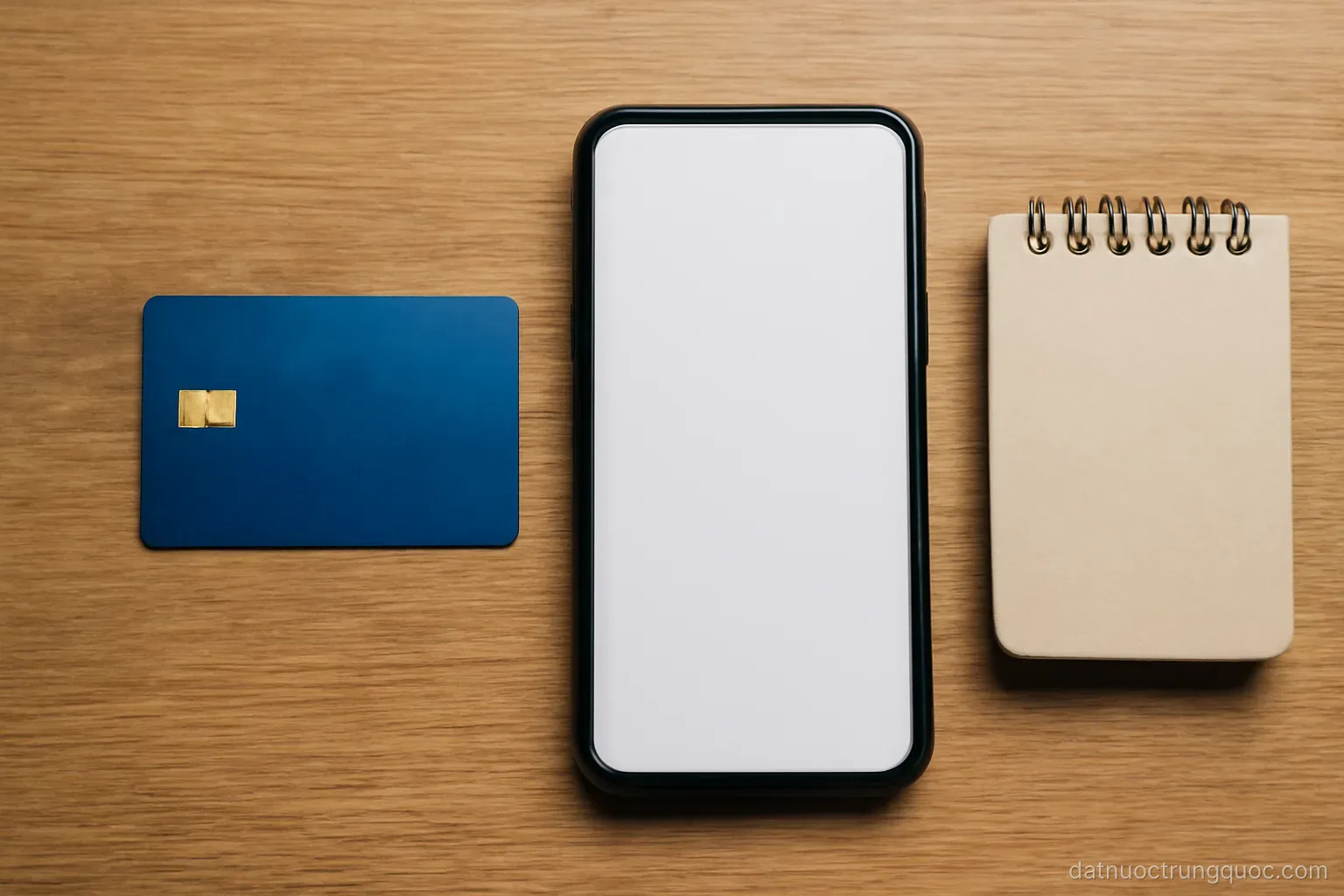 A bank card and a smartphone lying on a wooden desk beside a small notebook, top-down view