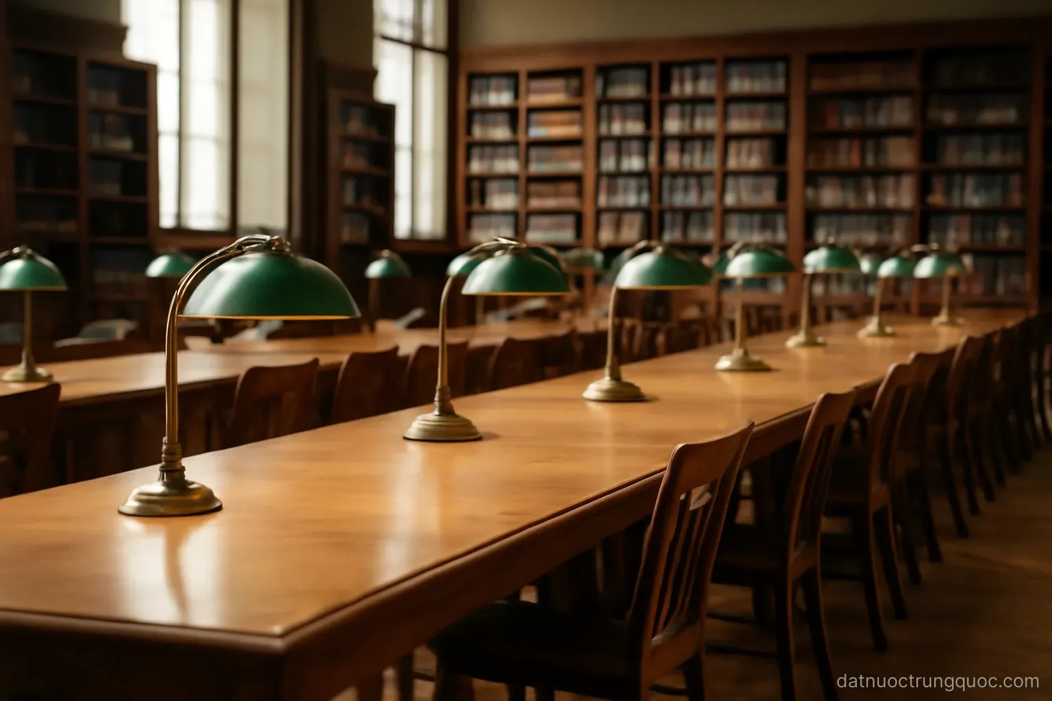 A library reading room with long tables, desk lamps and tall bookshelves, no students