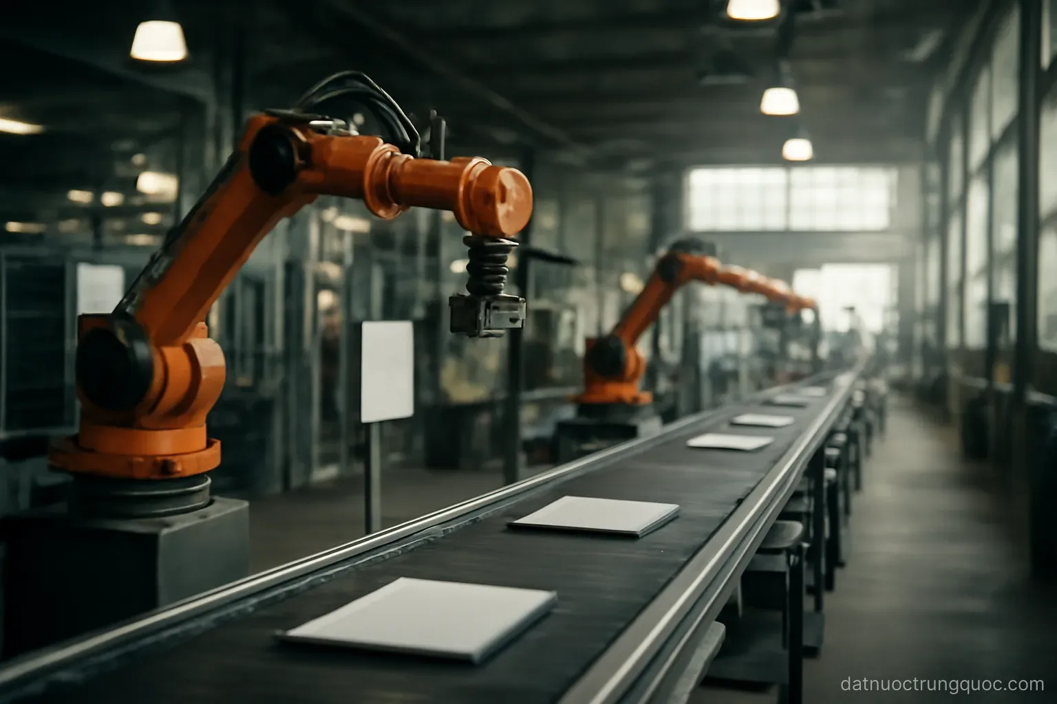 An assembly line inside a factory with conveyor belts and robotic arms, industrial lighting