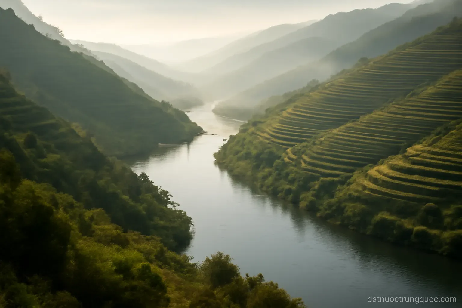 A wide river winding between terraced hills under morning mist, no buildings in frame