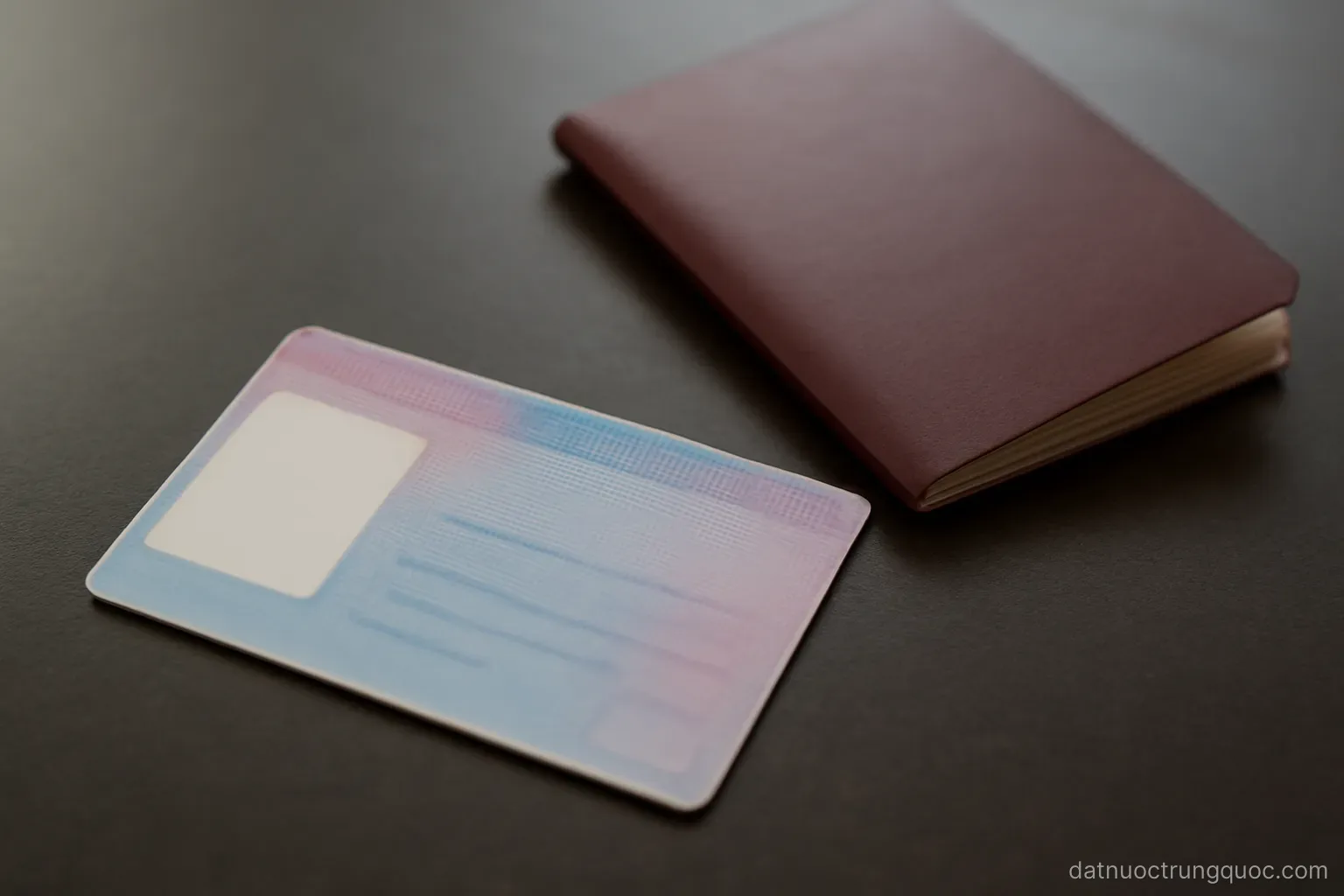 A residence permit card lying on a dark desk beside a passport, neutral overhead light
