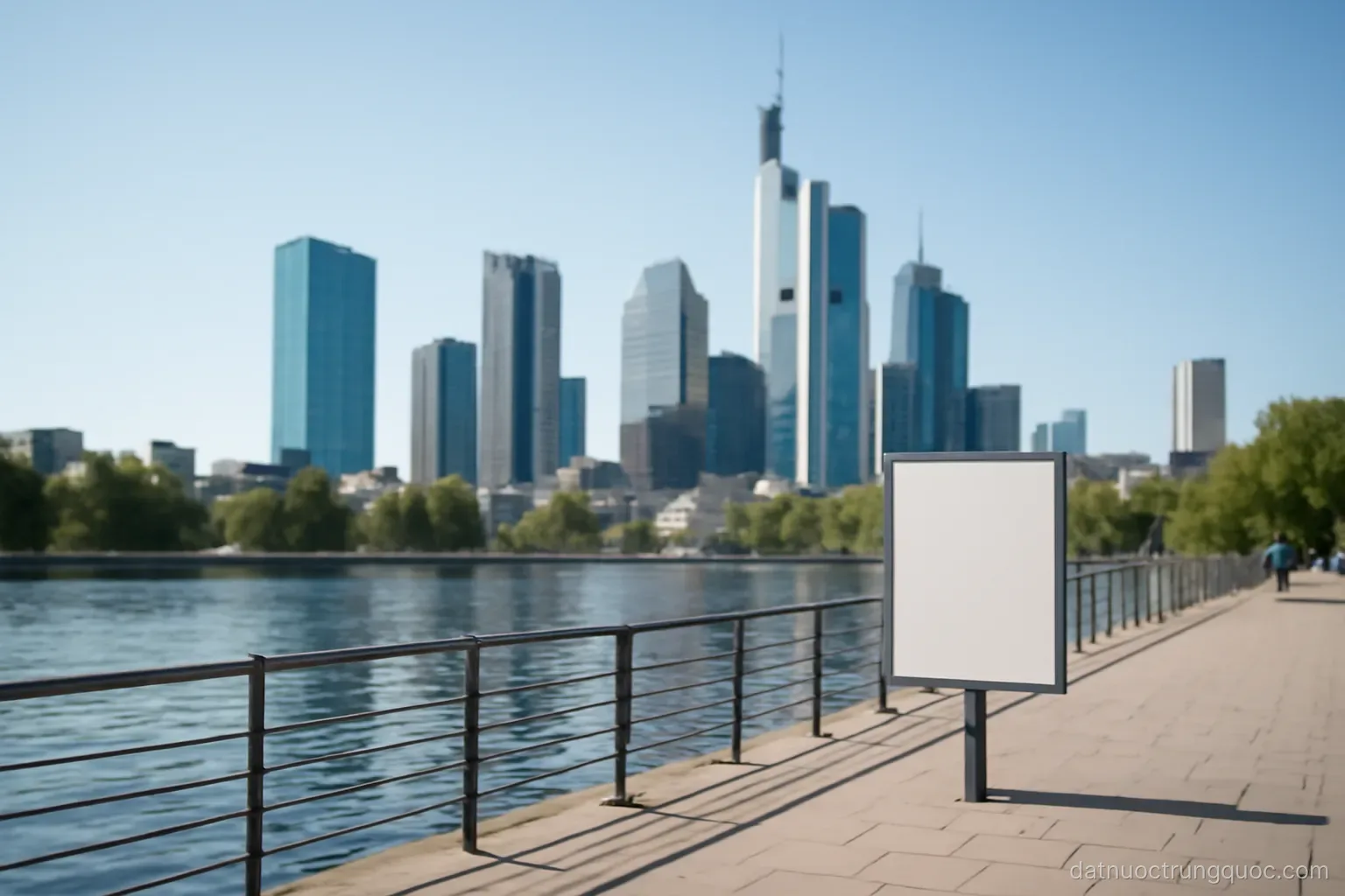 A modern business district skyline seen from a riverside promenade at midday, no people