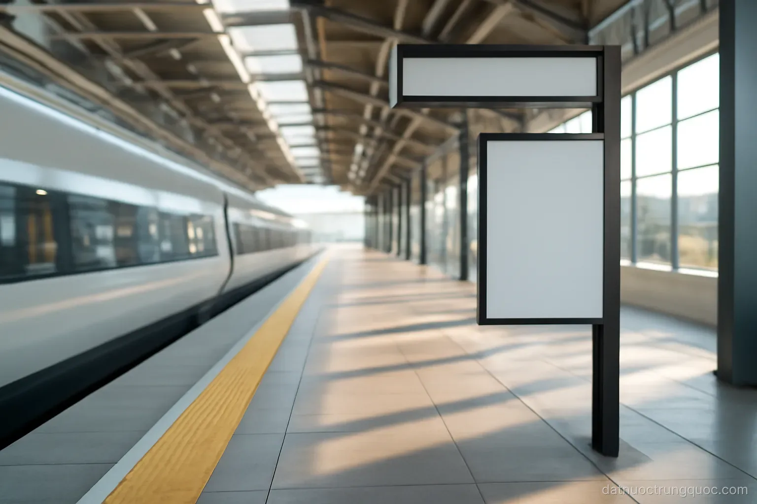 A high-speed train platform with safety lines and an information board, clean modern station