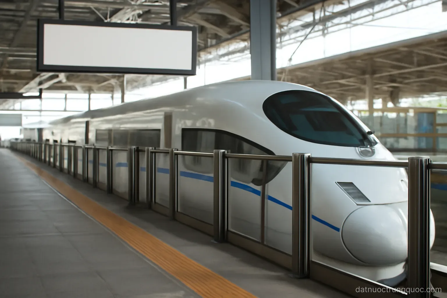 A high-speed train stopped at a station platform with safety doors and overhead signage