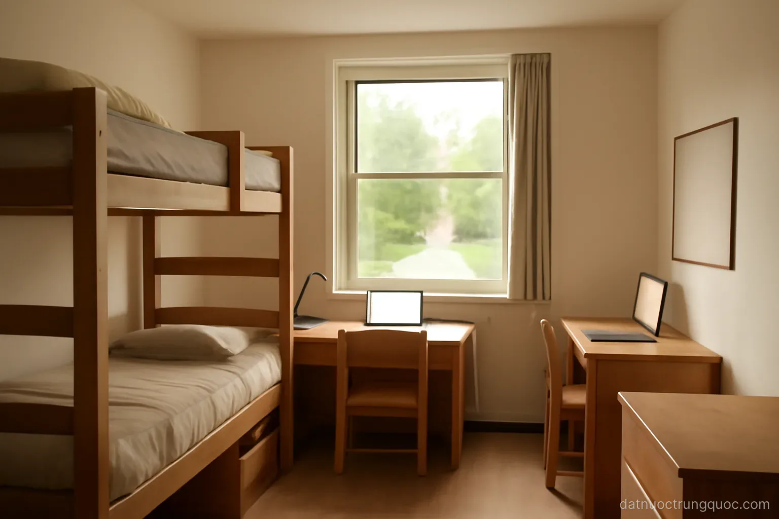 A student dormitory room with bunk beds, desks and a window overlooking a campus path
