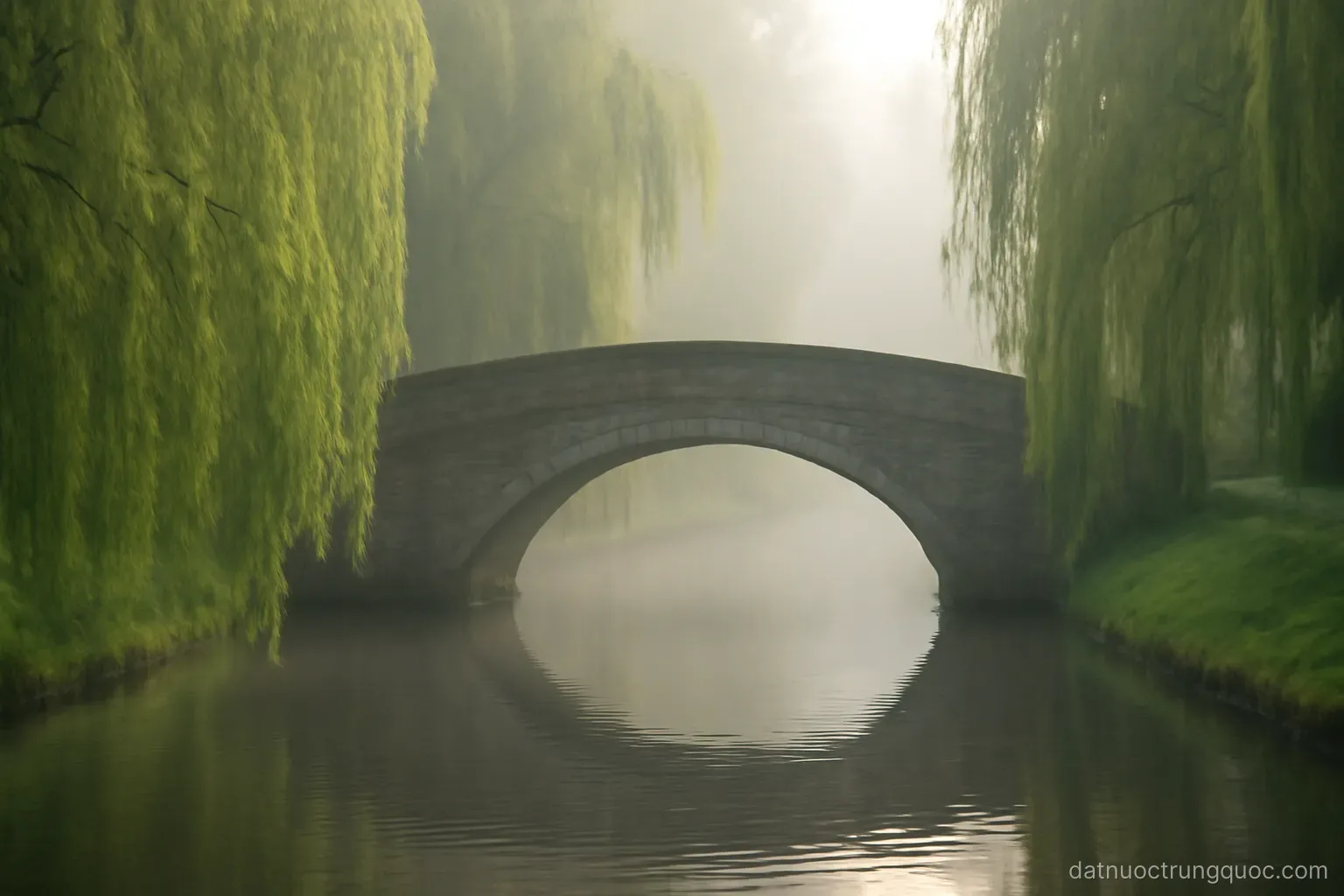 A stone bridge over a canal with willow trees on both banks, early morning mist
