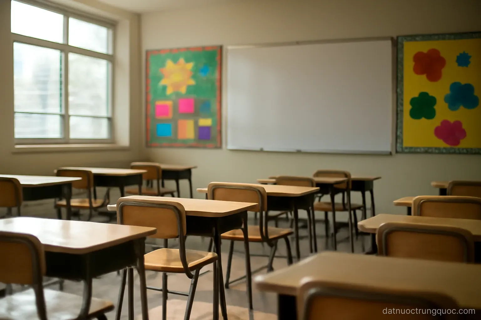 An empty classroom with small desks, a whiteboard and colorful wall decorations, morning light