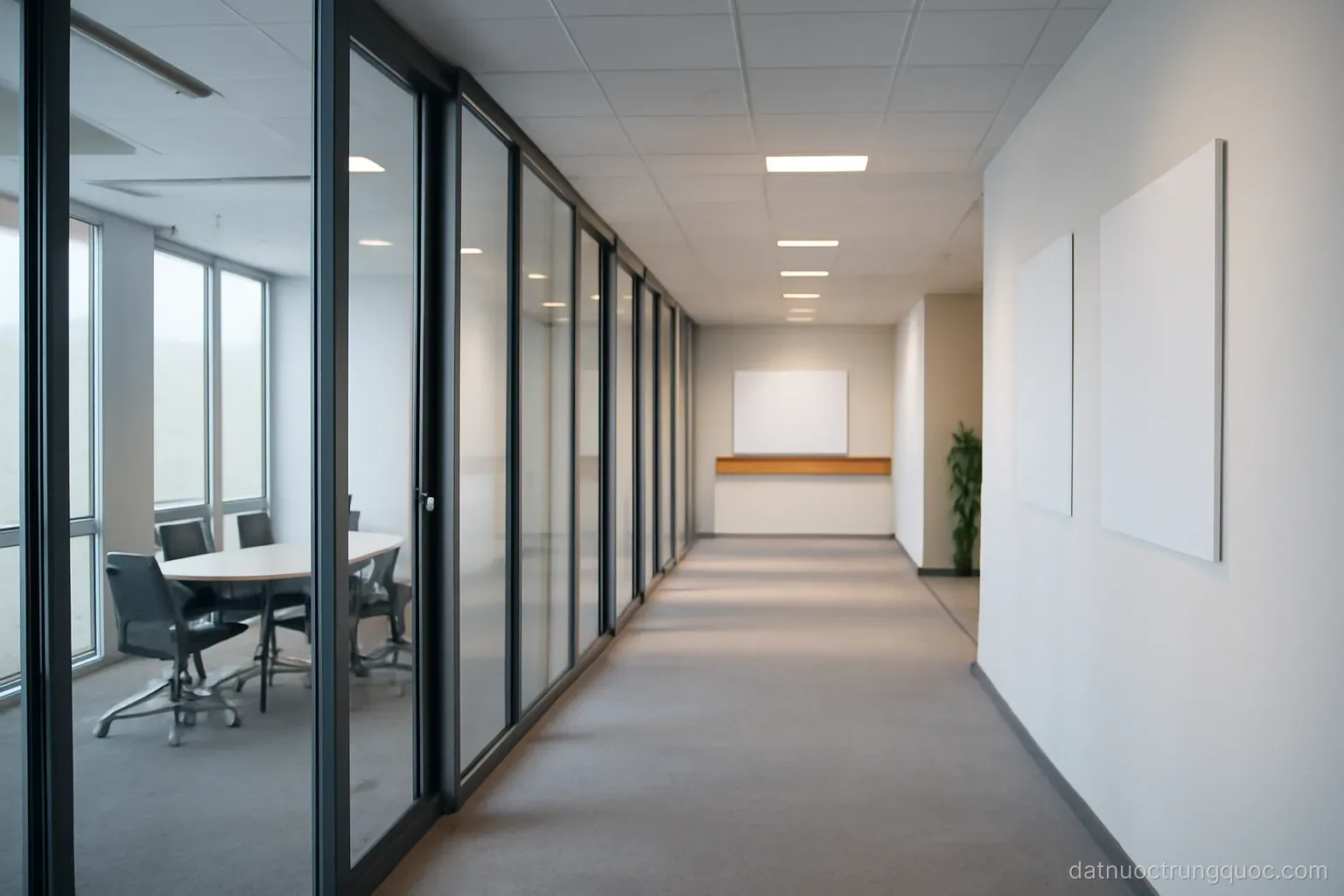 An office corridor with glass-walled meeting rooms and a reception sign area, daytime