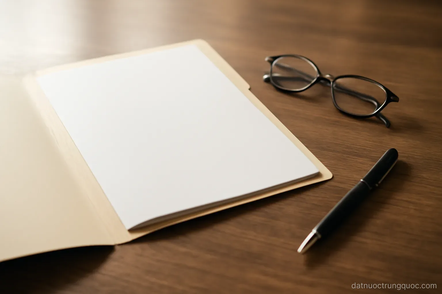 A folder of documents open on a table with a pen and a pair of reading glasses beside it