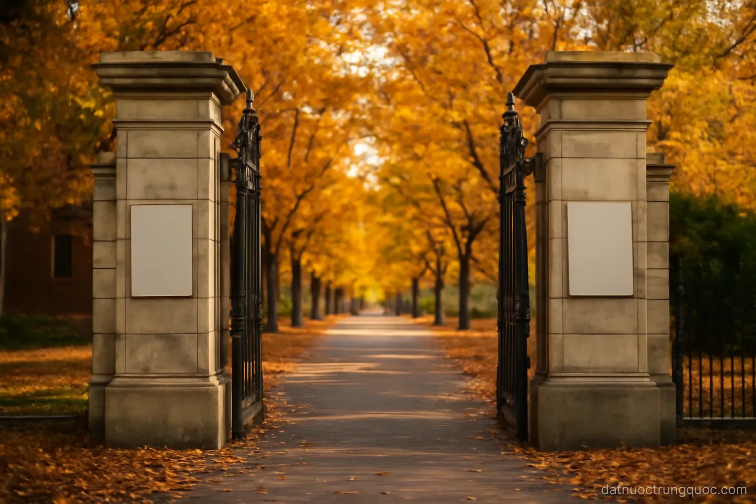 A university campus gate with stone pillars and a tree-lined avenue beyond, autumn light