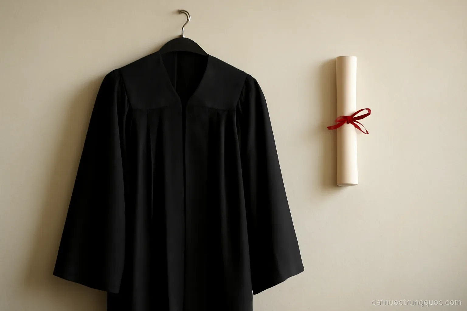 A graduation gown hanging on a hook beside a rolled diploma on a plain wall