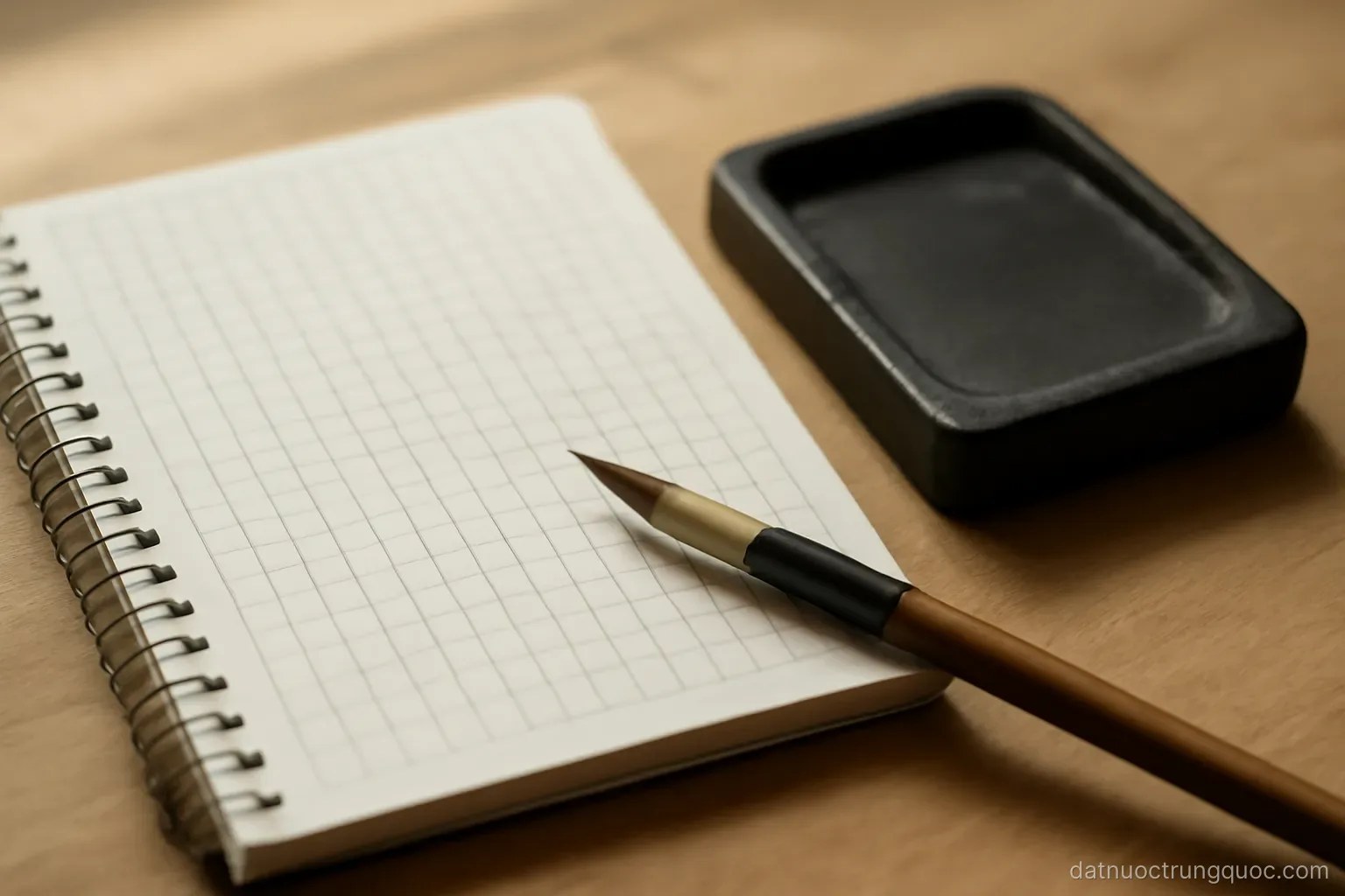 A practice notebook with grid squares and a calligraphy brush resting beside an inkstone
