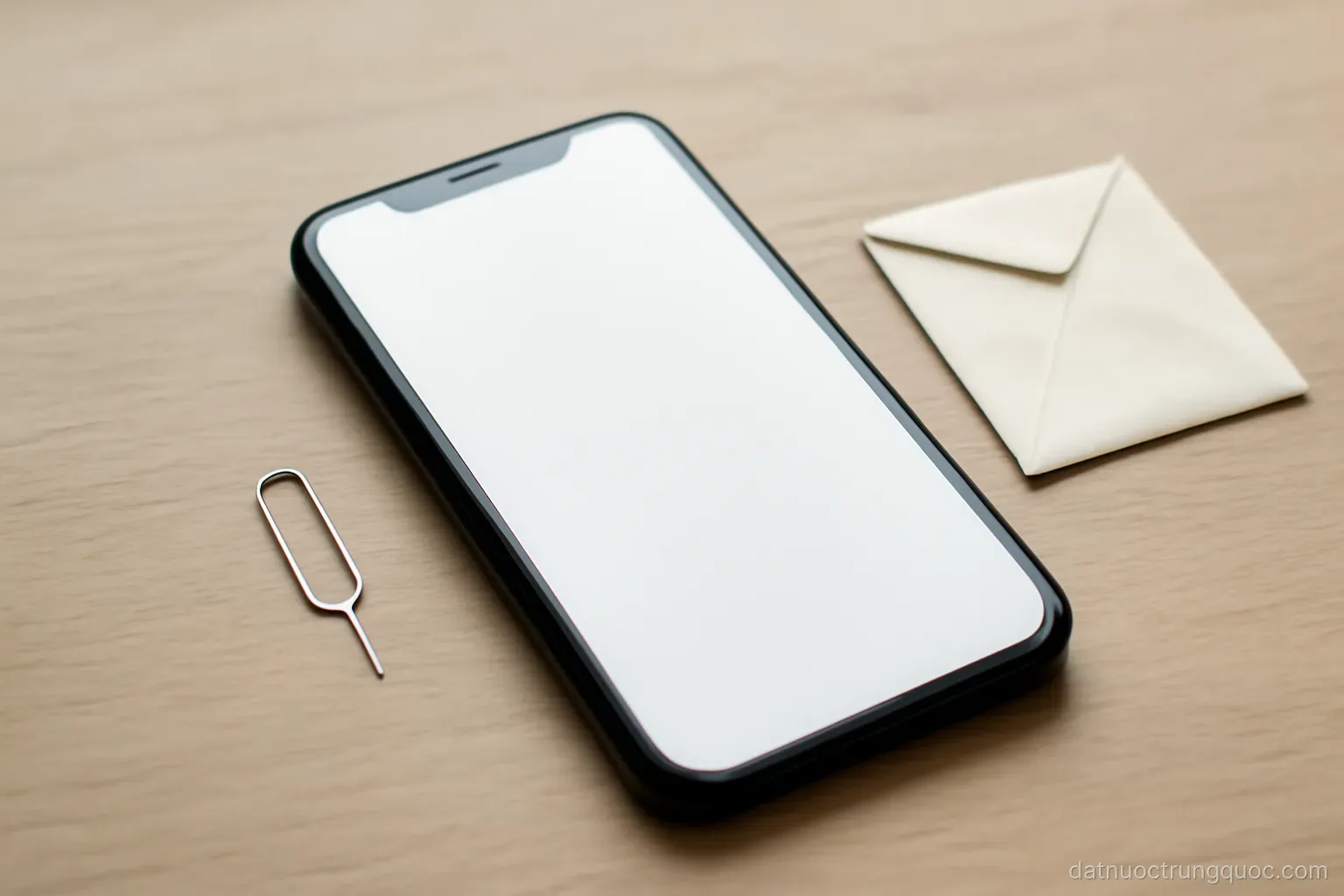A smartphone lying face up on a table next to a SIM card tray tool and a small envelope