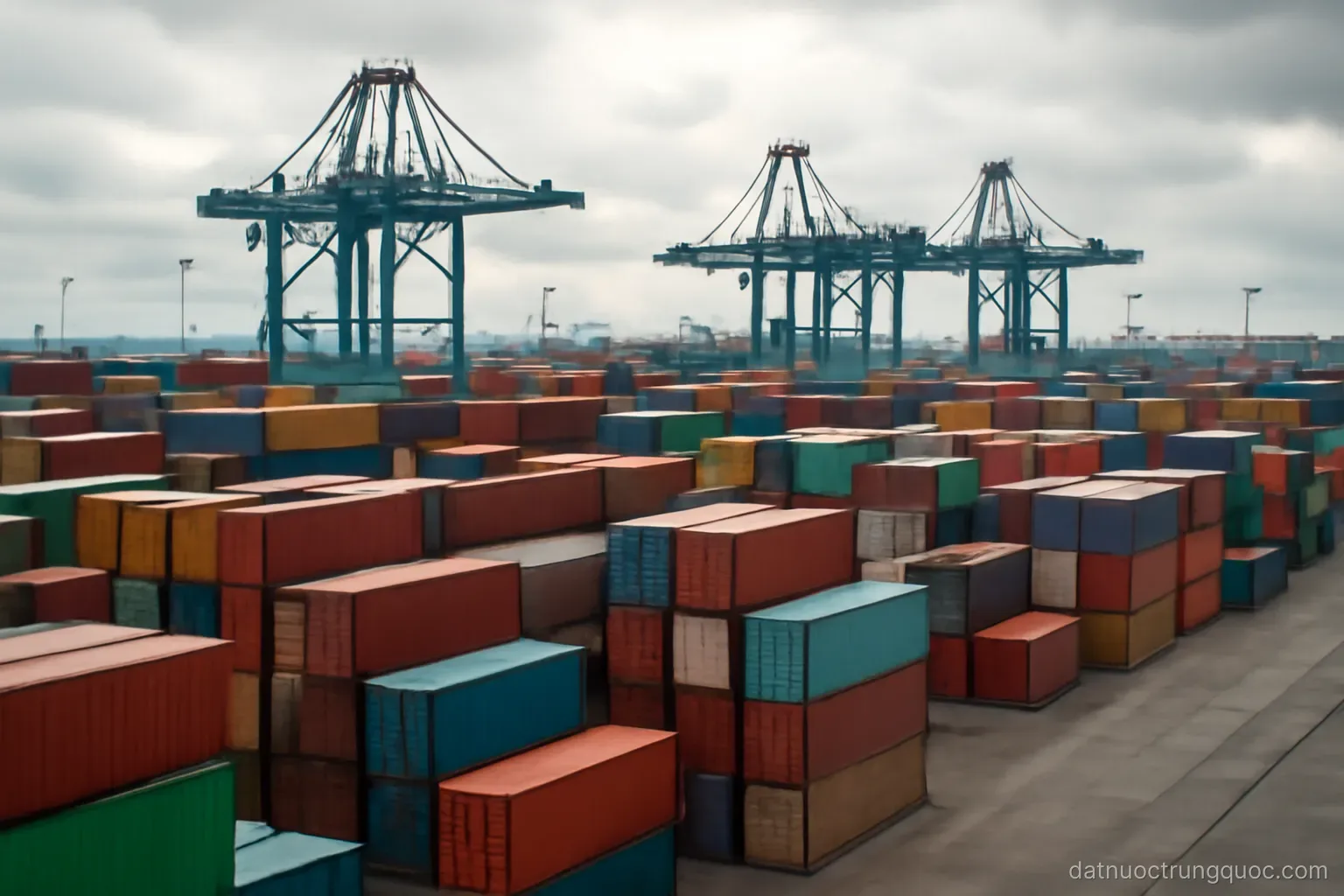 A wide view of a container port with stacked containers and gantry cranes under overcast sky