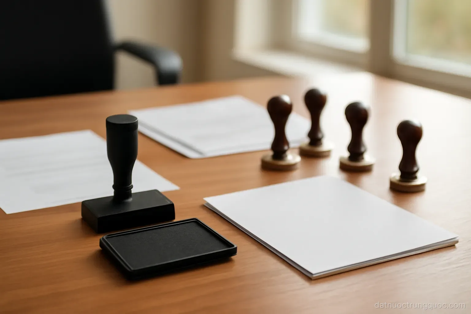 A desk with a stamp pad, several round seals and business documents arranged neatly