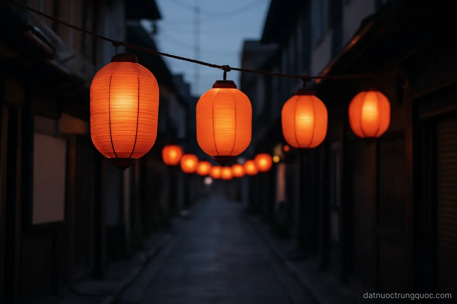 Red paper lanterns strung across a narrow street at dusk, glowing softly, no people