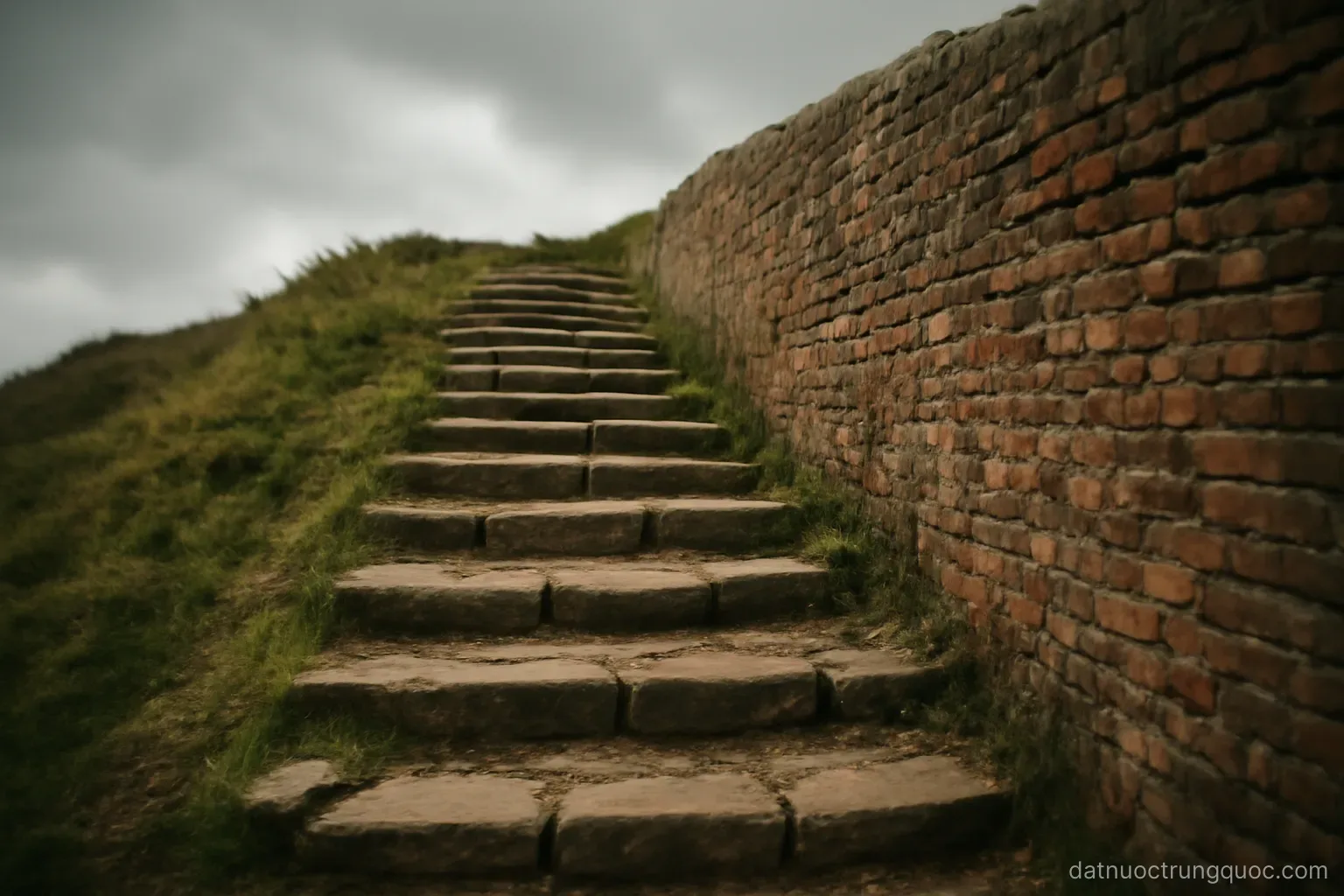 Ancient stone steps leading up a hillside beside a weathered brick wall, overcast sky