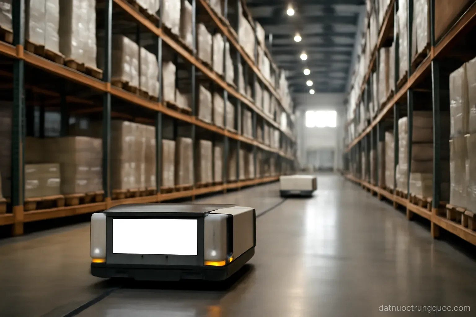 An automated warehouse with robotic shuttles and tall racking systems, industrial lighting