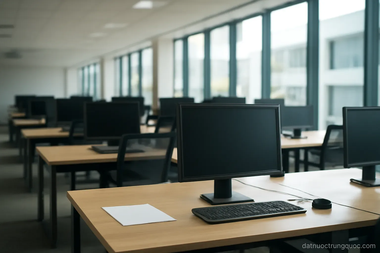 An open-plan office with rows of empty desks, monitors switched off, large windows
