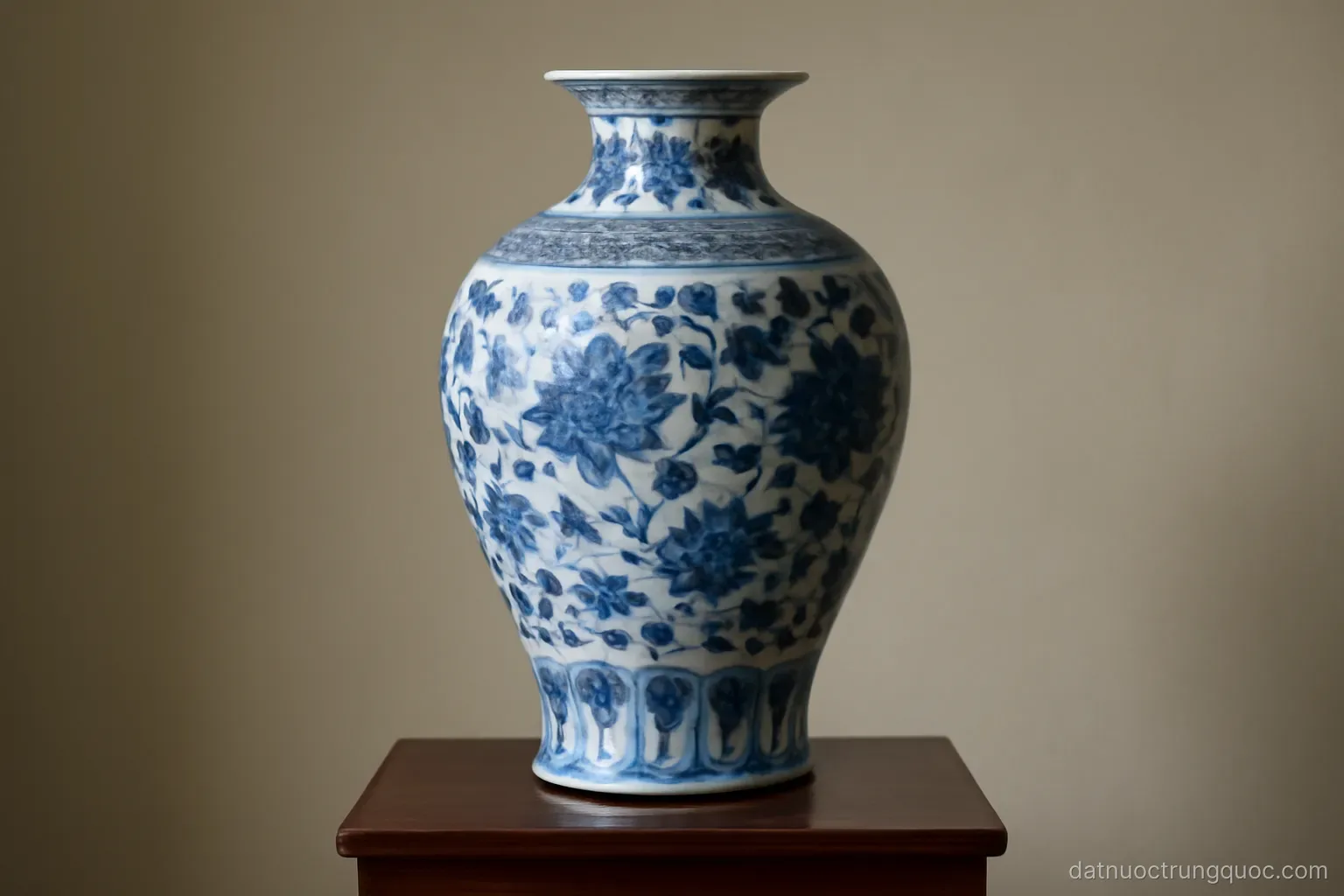 A blue and white porcelain vase on a wooden stand against a plain wall, museum lighting