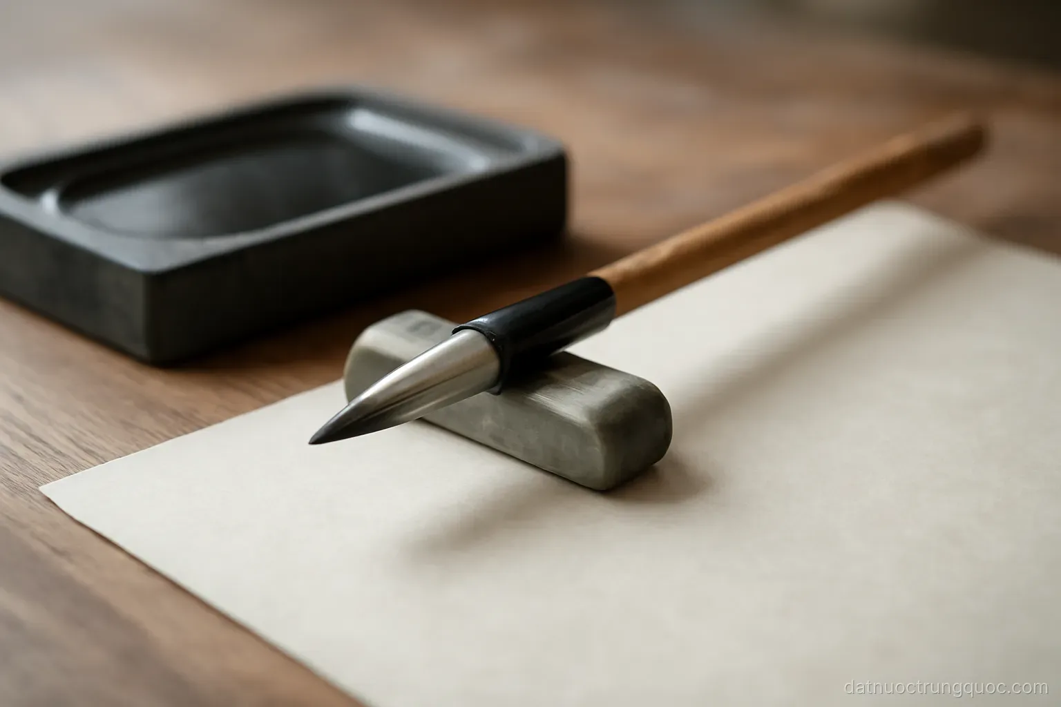 A calligraphy brush resting on a stone rest beside an inkstone and blank rice paper