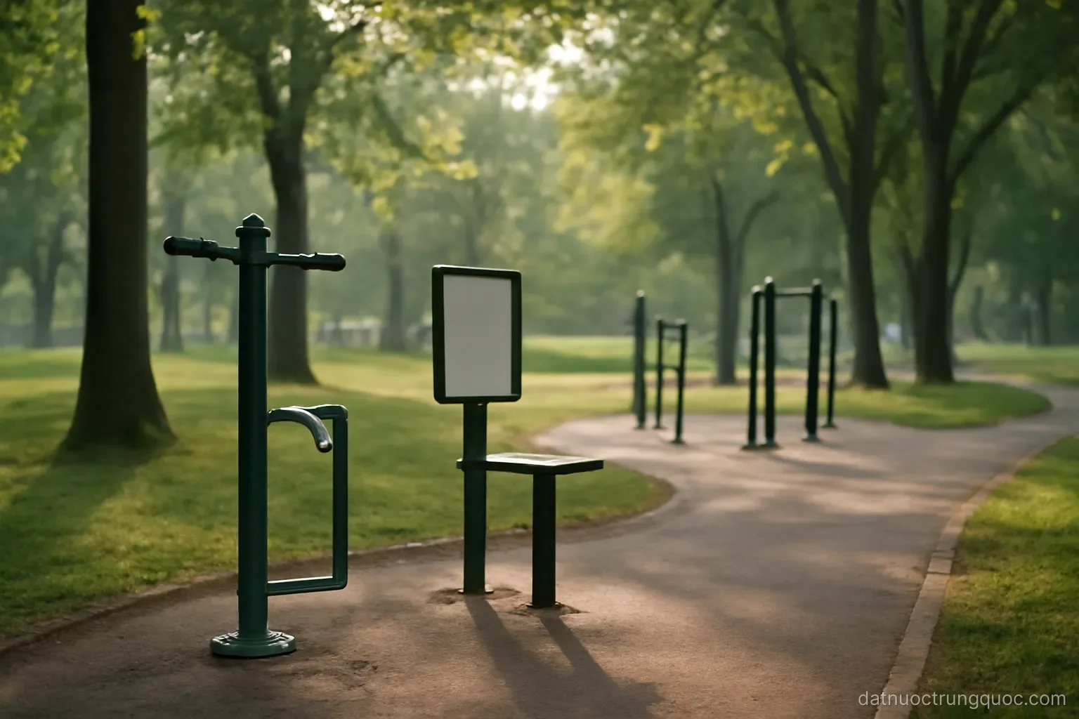 A morning park scene with exercise equipment and paved paths among trees, no people