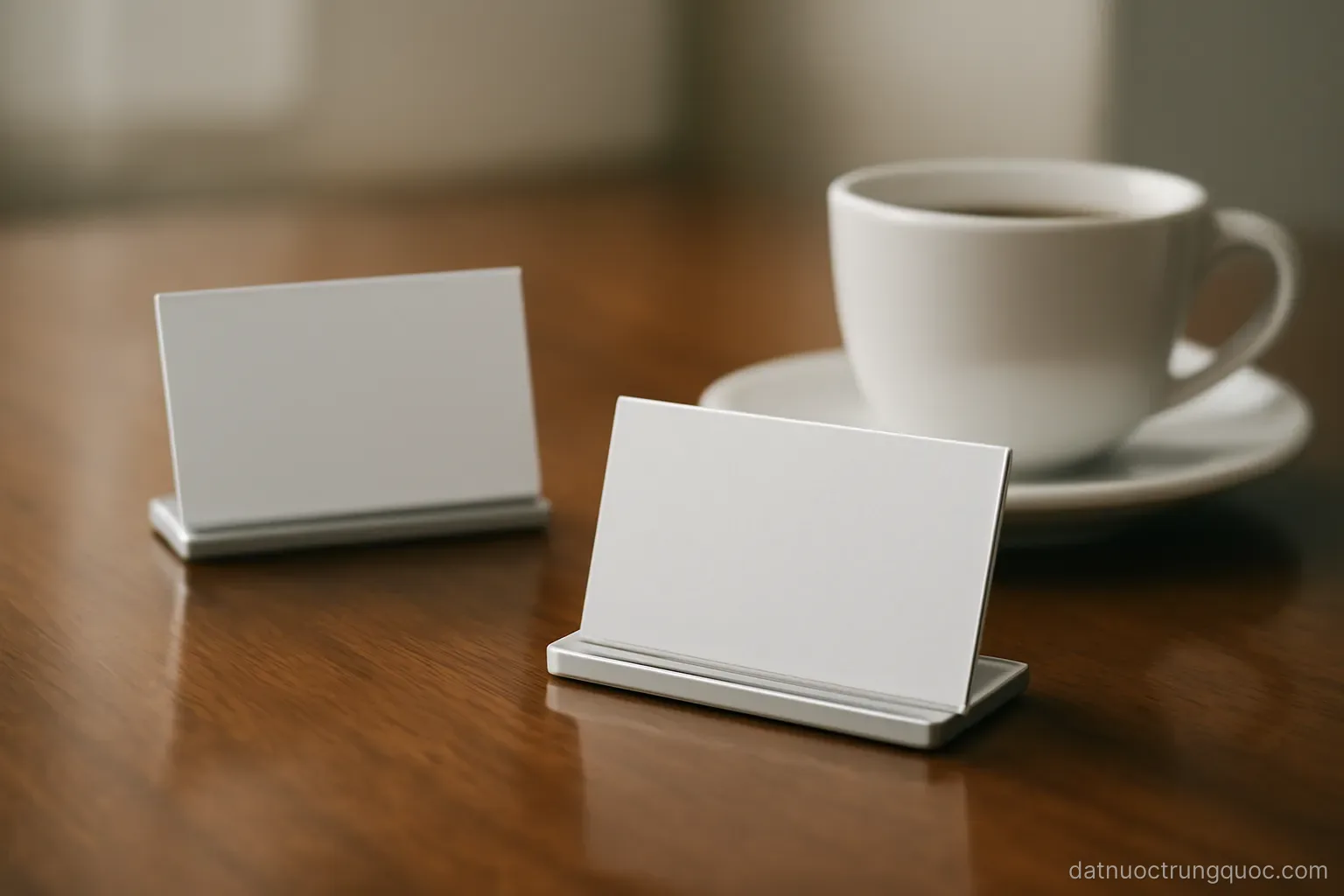 Two business card holders placed on a polished table beside a teacup, neutral office light