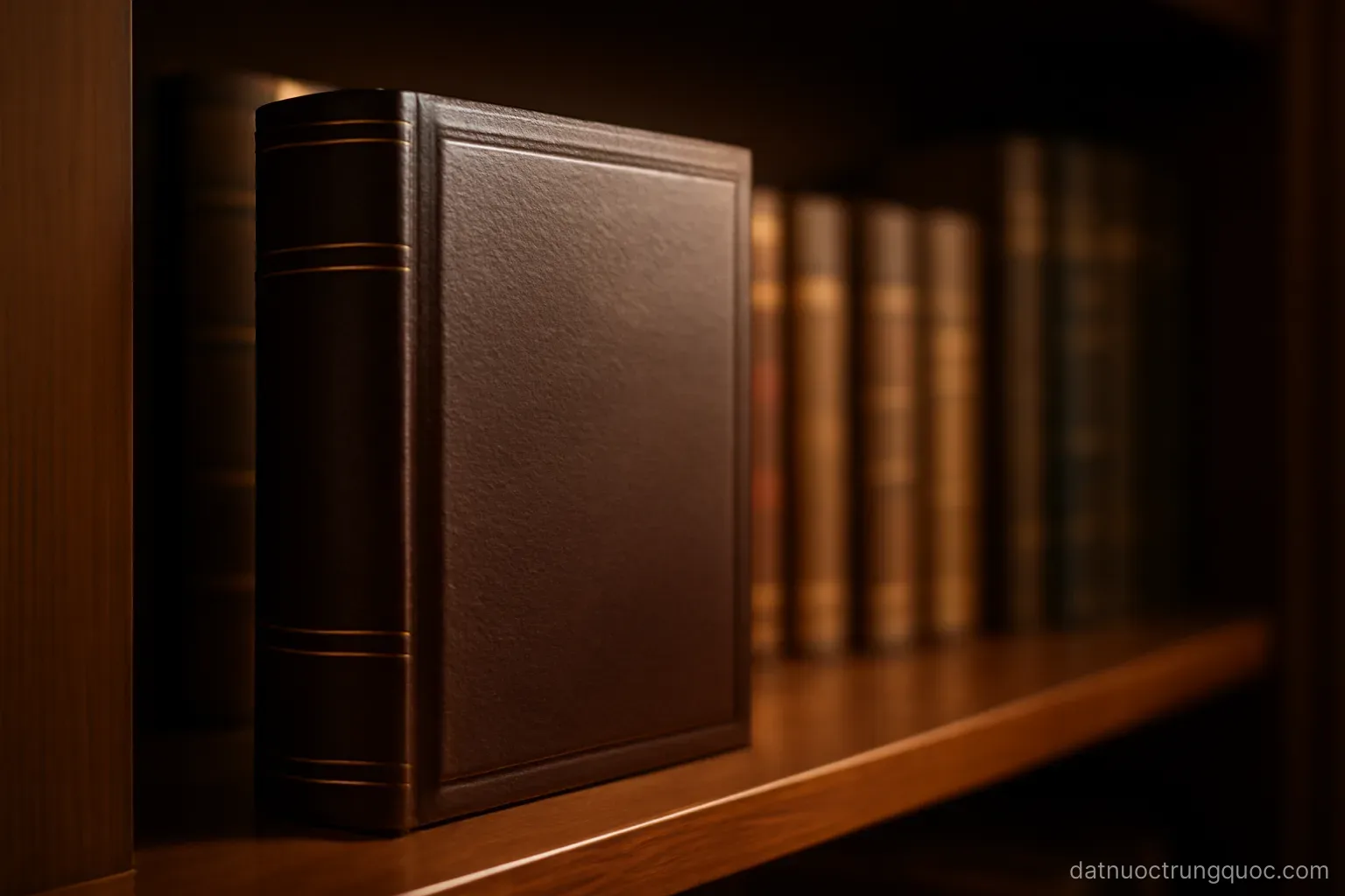 A closed hardcover law book on a shelf with other volumes, warm library lighting