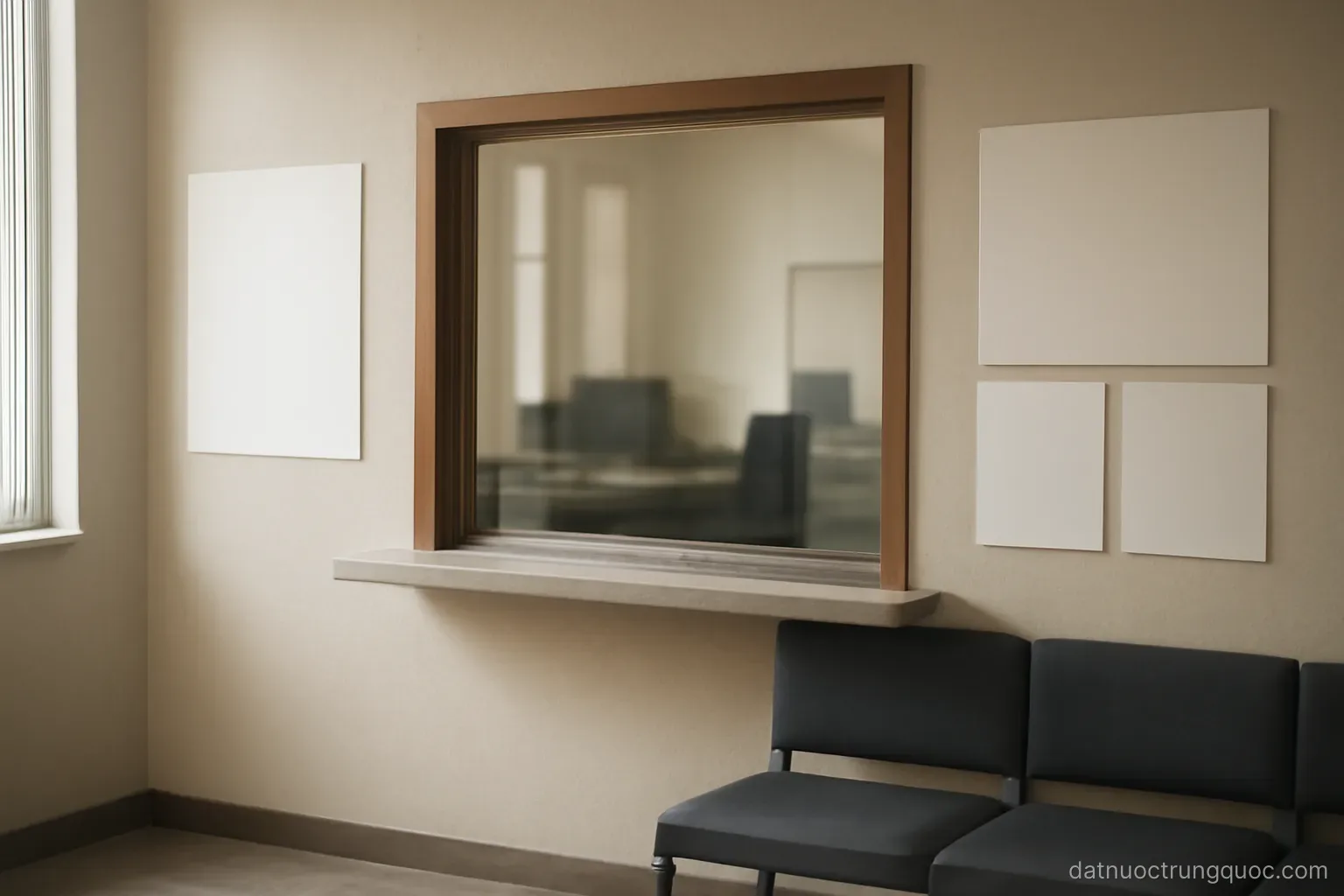 A police station service window with informational posters on the wall and a waiting bench
