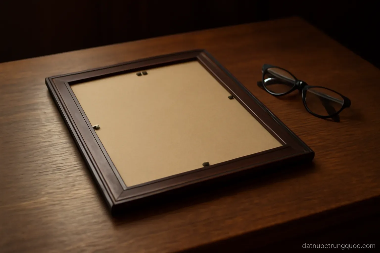 A framed certificate lying face down on a wooden desk beside reading glasses, dim light