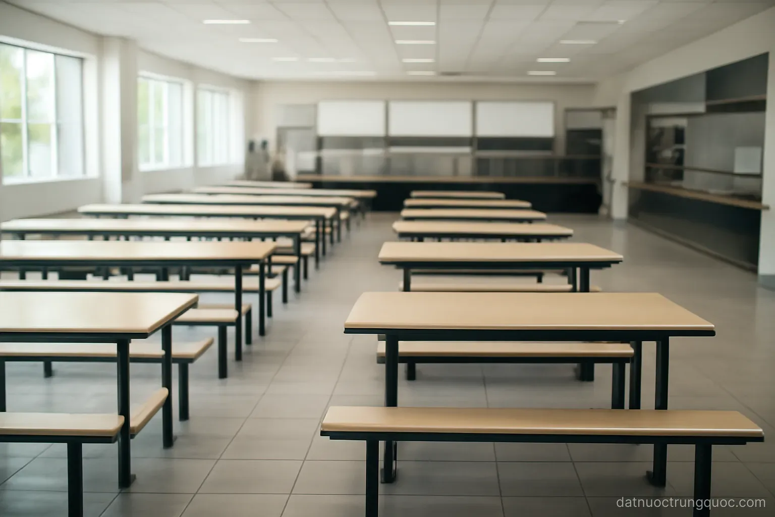 A campus canteen with rows of tables and serving counters, clean and empty, midday light