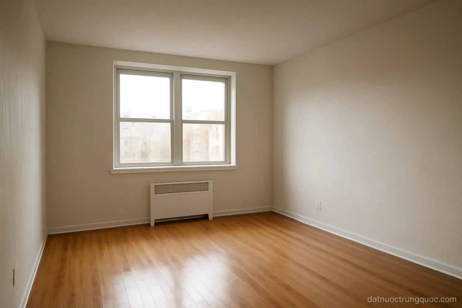An empty apartment living room with bare walls, a window and wooden flooring, daylight