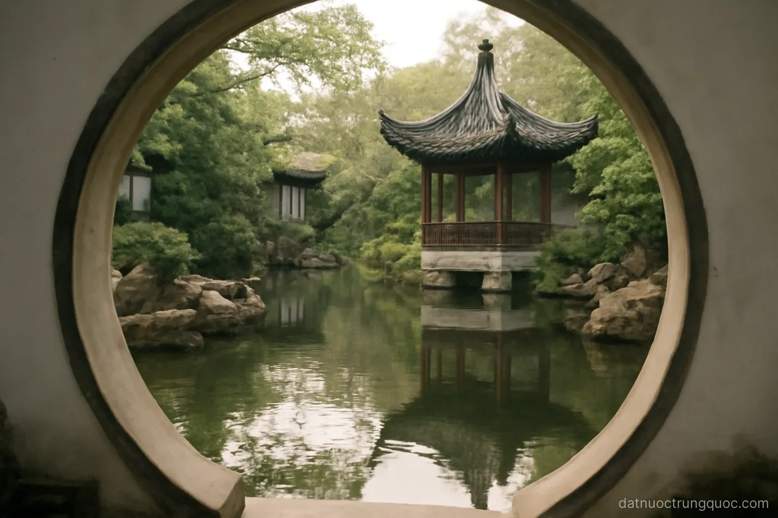 A classical garden with a moon gate, rockery and still pond reflecting pavilions, soft daylight