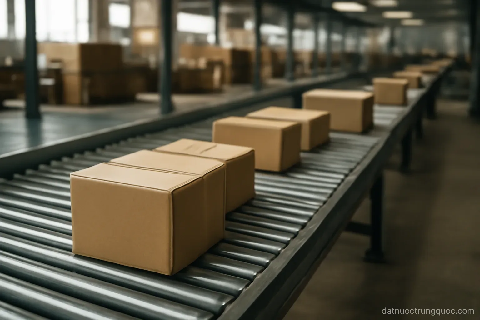 Parcel packages moving along a sorting conveyor in a logistics warehouse, overhead view