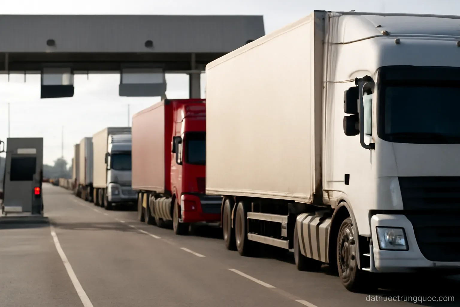A line of cargo trucks waiting at a border crossing checkpoint with barrier gates, daytime