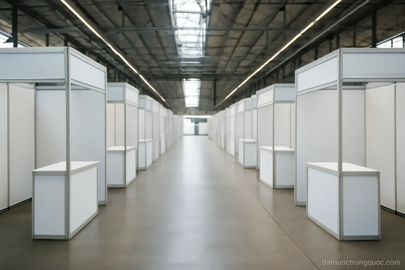 Rows of exhibition booths in a large trade fair hall with empty aisles before opening