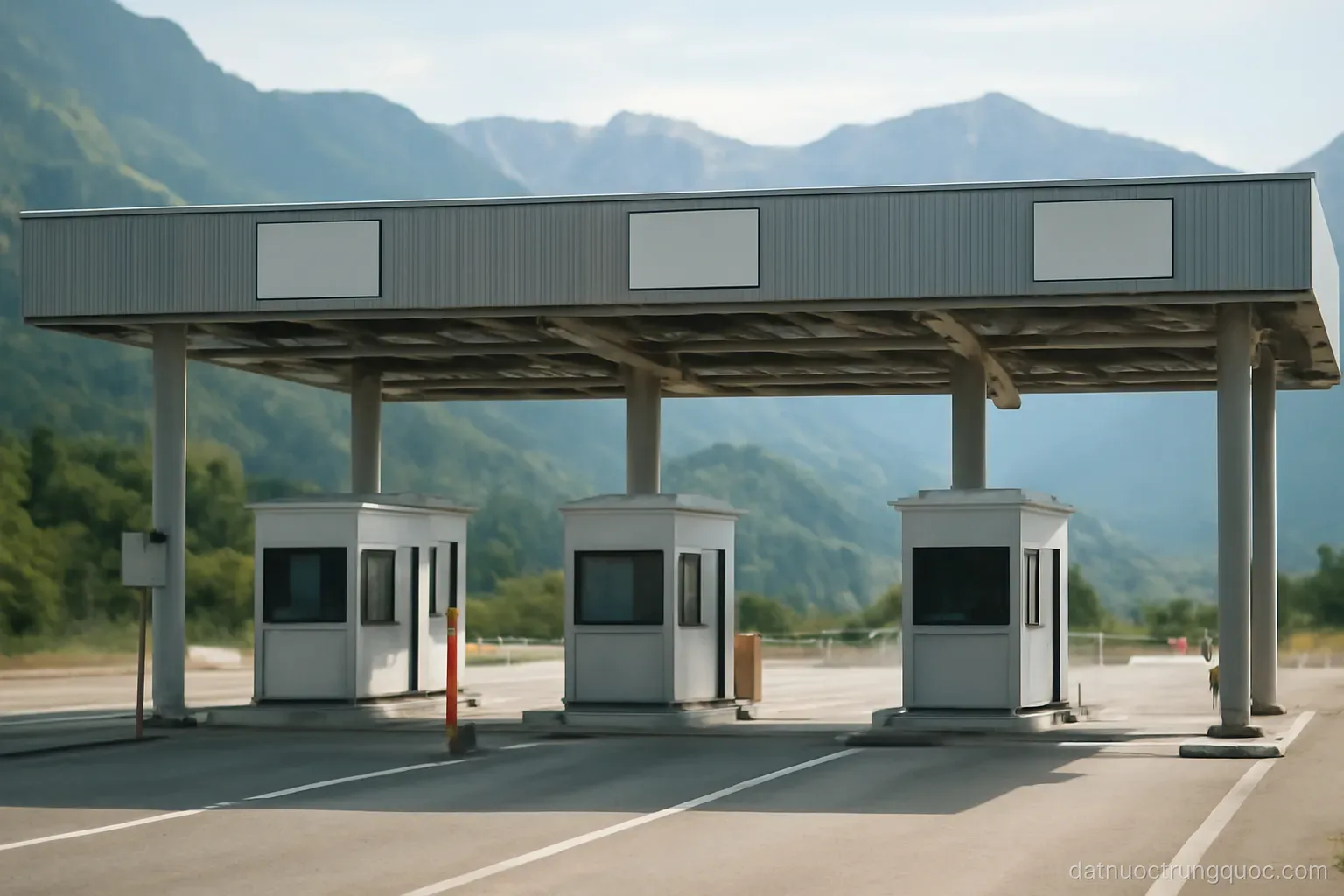 A border checkpoint building with lanes and overhead canopy, mountains behind, daylight