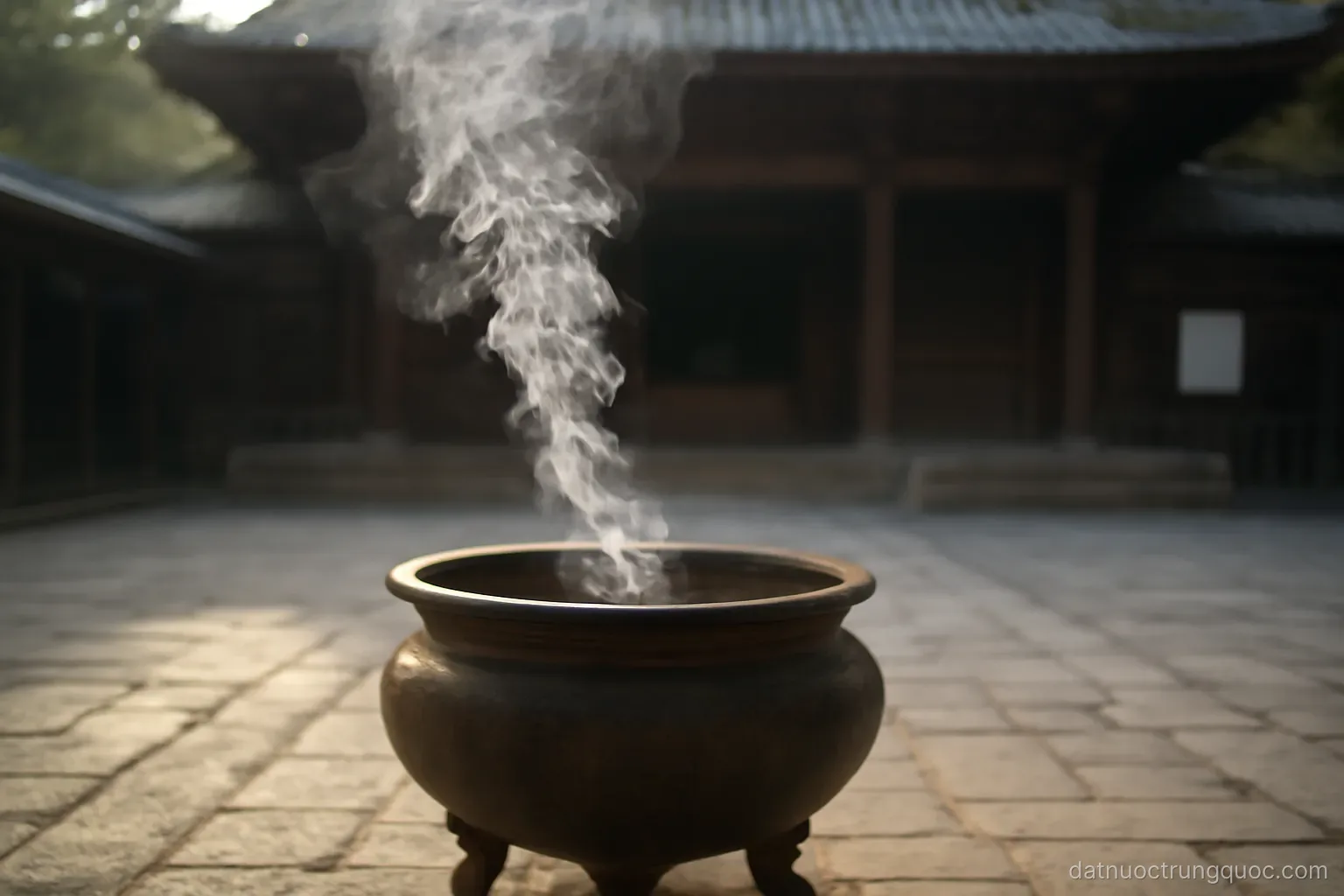 An incense burner with smoke rising in front of a temple courtyard, stone paving, soft light