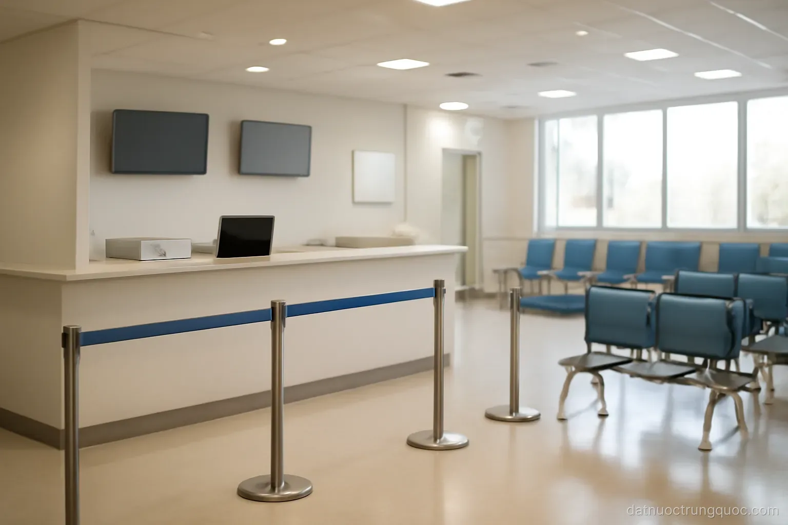 A hospital reception hall with a queue railing, information counter and seating area, bright